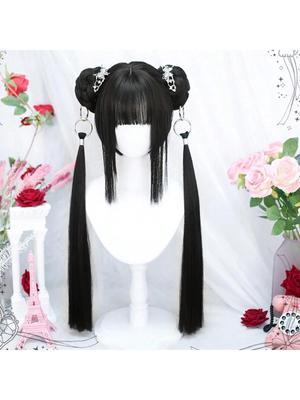 Anime-Inspired Cosplay Wig with Bangs - Heat Resistant, Straight Black & Blue Highlights, Dual Ponytails for Kawaii Look