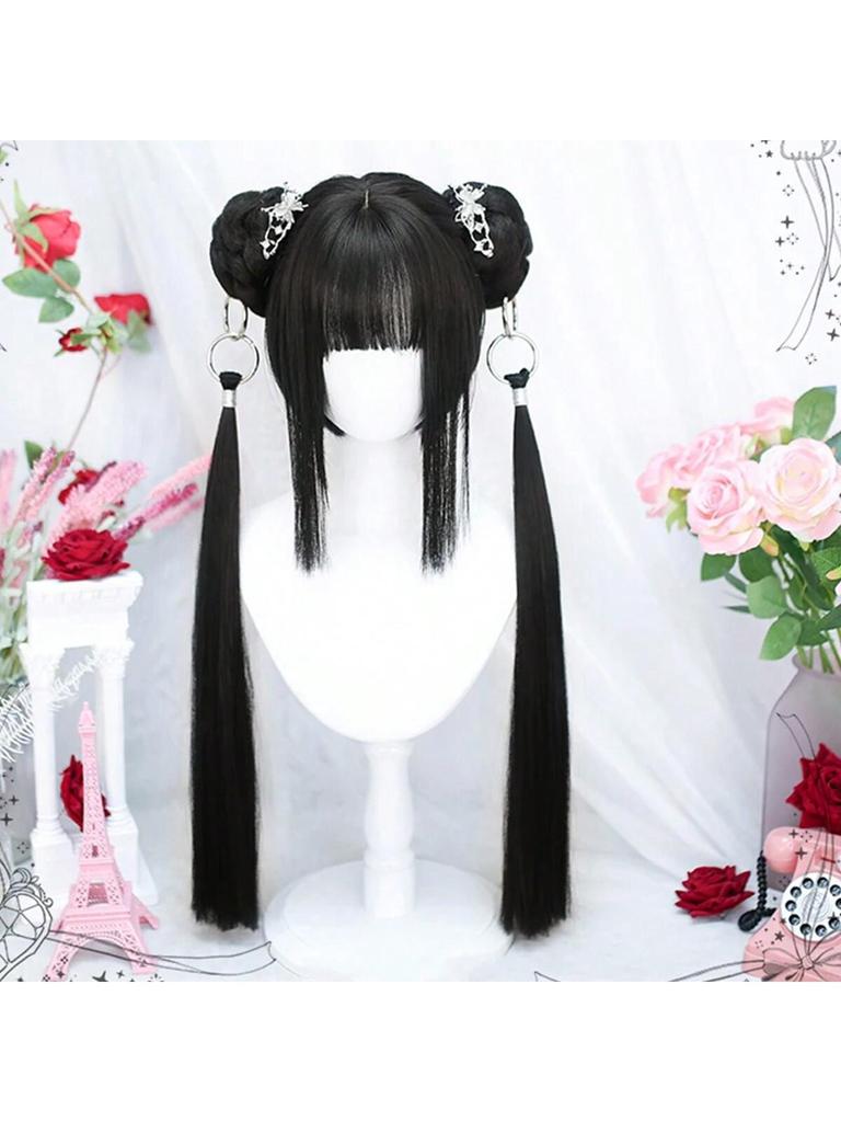 Anime-Inspired Cosplay Wig with Bangs - Heat Resistant, Straight Black & Blue Highlights, Dual Ponytails for Kawaii Look