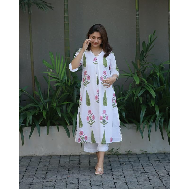 Gosriki Women' Rayon Viscose ALine Printed Kurta With Pant (Pnil WhiteGs White XxxLarge)