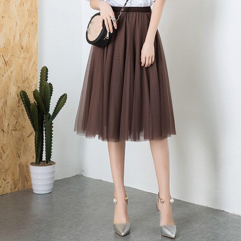 Qooth Sladká tylová síťovaná sukně ke kolenům Dámská elastický pas Pohádková plisovaná sukně Jednoduchá ležérní QT2221