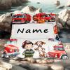 Customize Custom Fire Truck Throw Blanket - Cozy Flannel,  Name, Bright Cartoon Style Featuring Firefighters And Dog