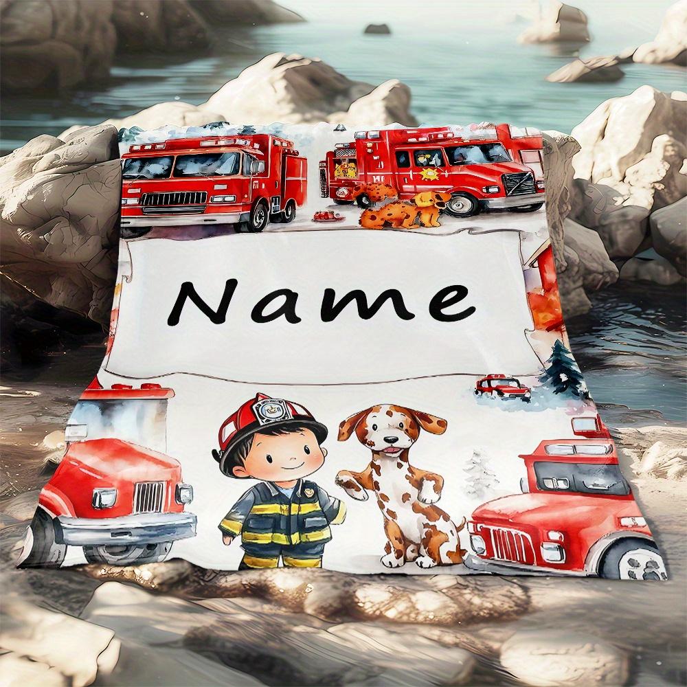 Customize Custom Fire Truck Throw Blanket - Cozy Flannel, Name, Bright Cartoon Style Featuring Firefighters And Dog