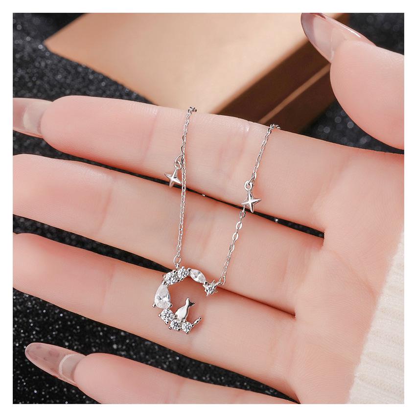 Sterling Silver Moon Cat Necklace: Cute Star and Moon Pendant for Women