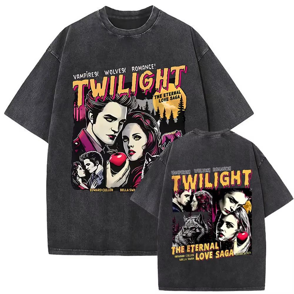 Wypłukane Vintage Film Zmierzch Miłośnik Książek Wampir Edward Cullen Koszulki Wilk Jacob Black Koszulka Koszulki Roberta Pattinsona