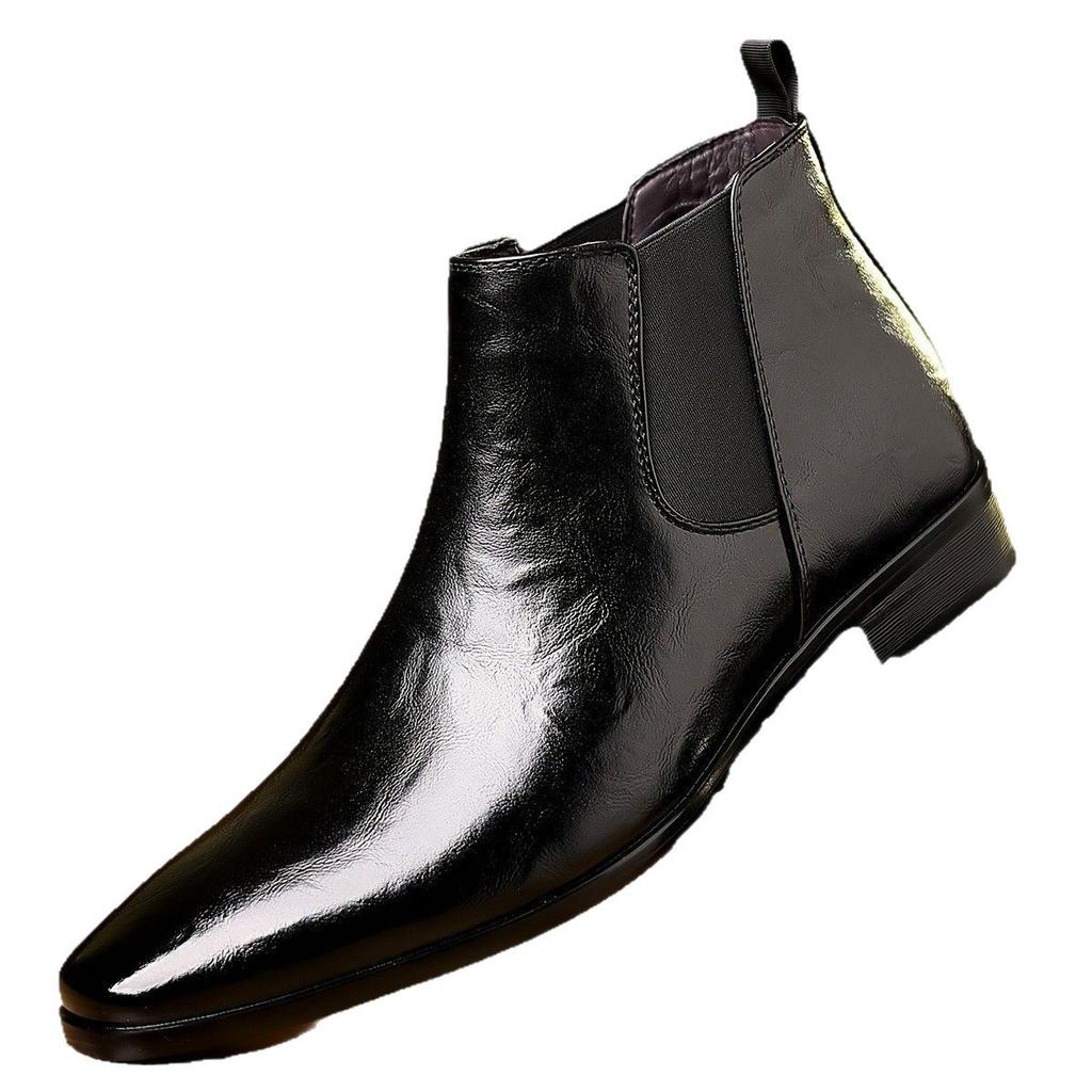 British pointed short boots soft leather breathable lychee pattern high-top shoes men's casual one-pedal Chelsea