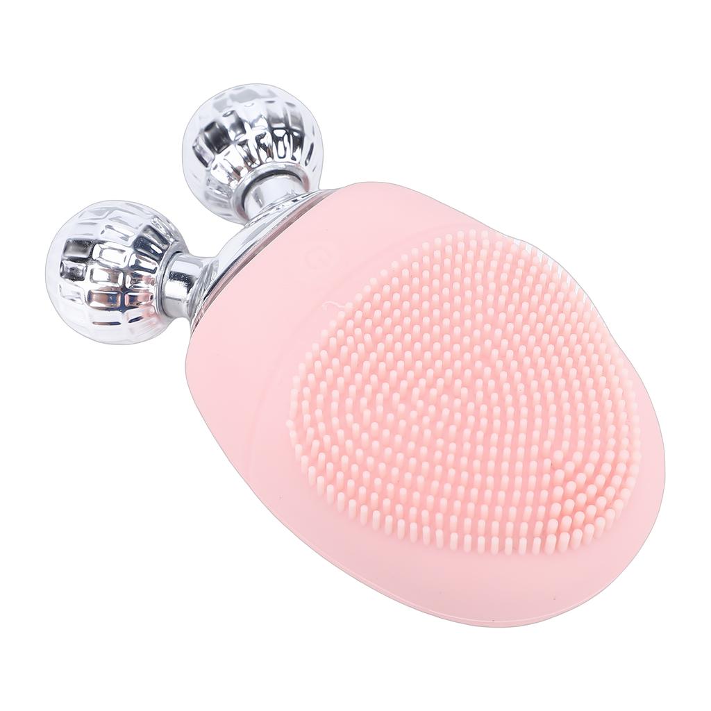 Facial Cleansing Brush IP67 Water Proof Rechargeable Silicone Face Scrubber Exfoliator with Rollers Pink