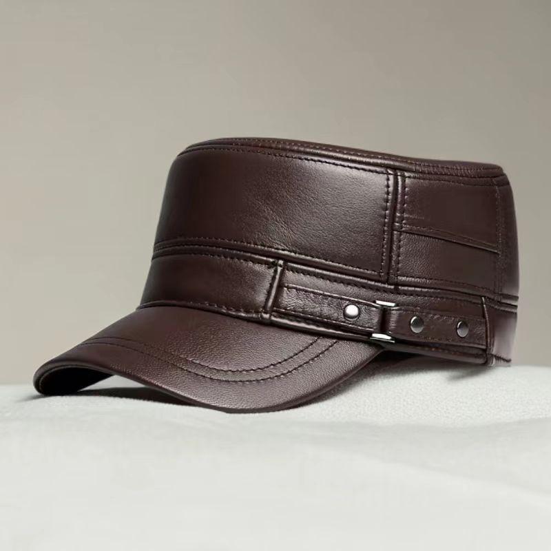

Yinxiyuan Men s Winter Flat Top Cowhide Hat with Cotton Liner and Ear Protection One Size коричневый