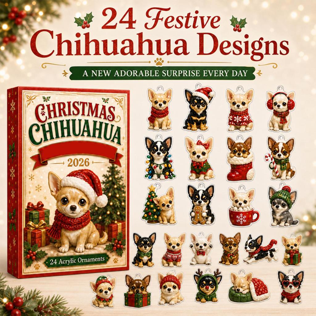 Calendario dell'Avvento di Natale 2026 Conto alla rovescia di Natale 24 Giorni Ciondolo Design Chihuahua in Acrilico Scatola Regalo Sorpresa Decorazione