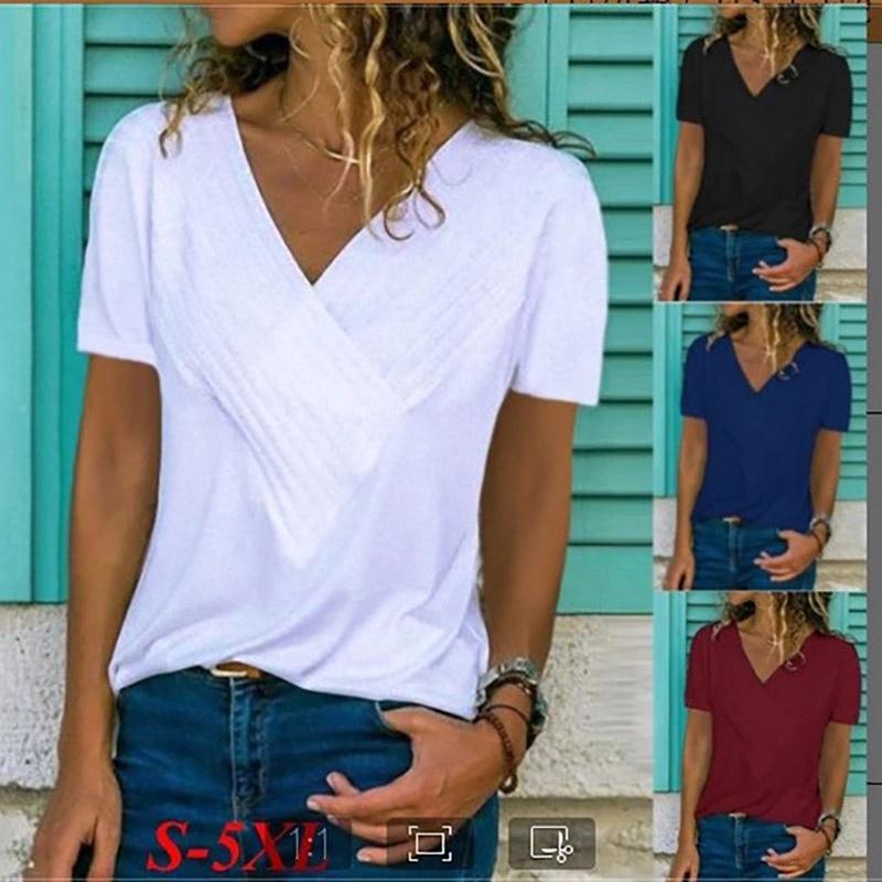Women's V-neck Tunic Short Sleeve Loose Top T-shirt Plus Stylish Blouse Option