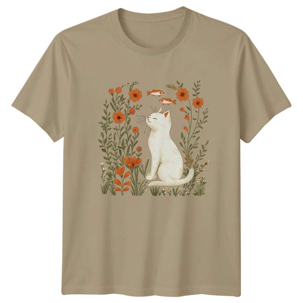 White Cat Flowers Unisexs TShirt Nature Lover Cute Kitten Graphic Tee S