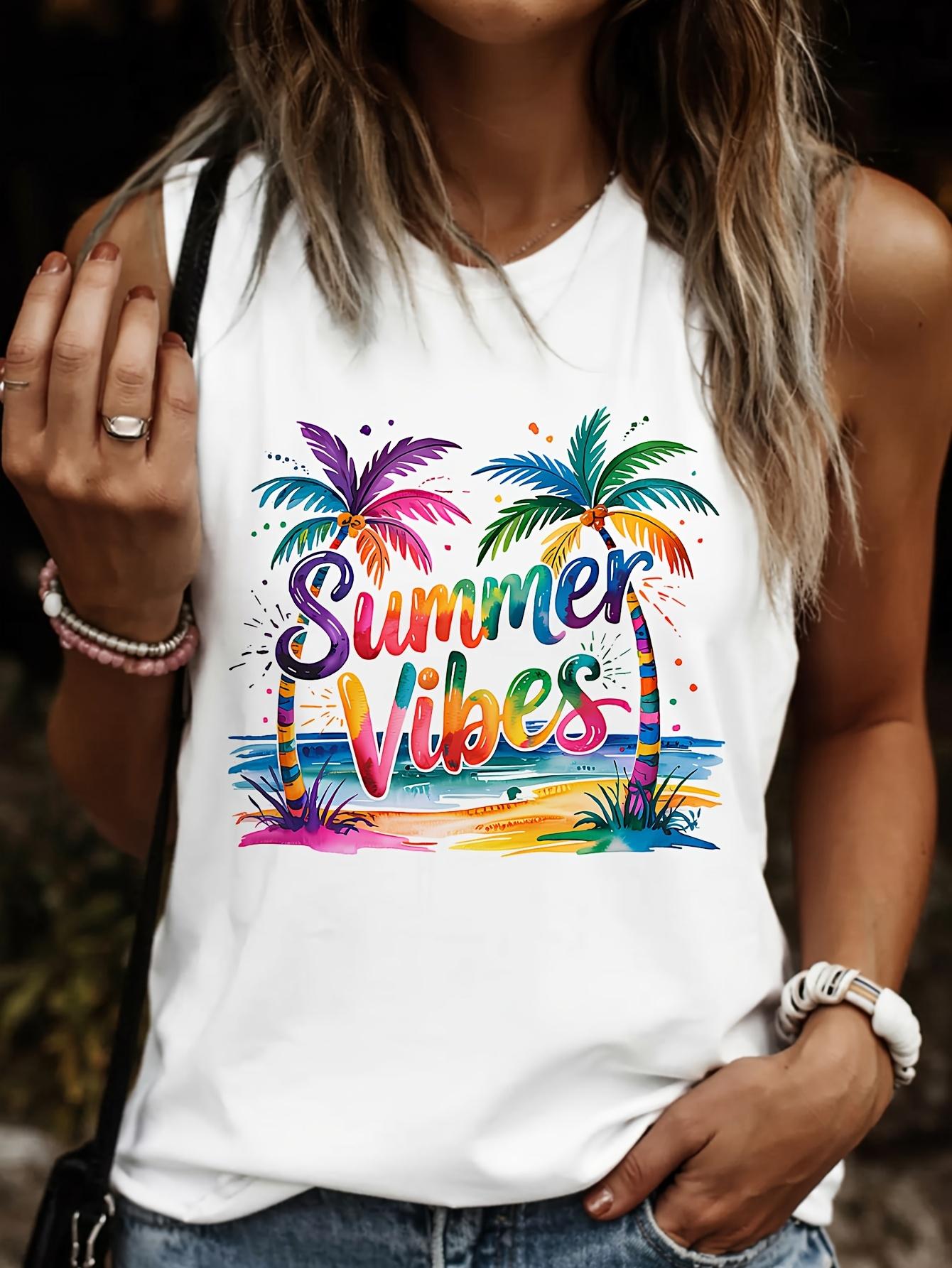 Summer Vibes Palm Tree Beach Watercolor T-shirt L