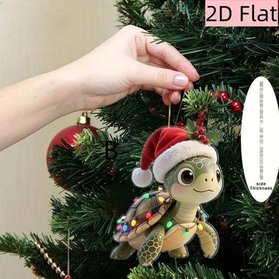 Turtle Shape Christmas Ornament with Santa Hat 2D Acrylic Xmas Tree Decor for Indoor Outdoor Holiday Hanging Decorations
