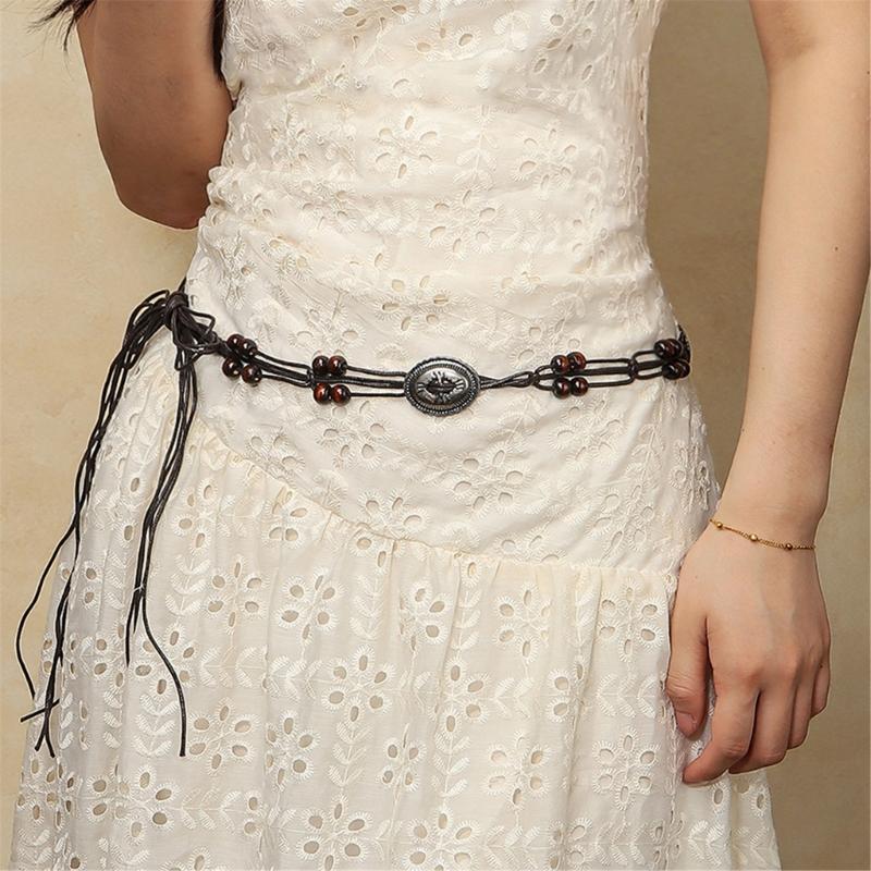 Braided Brown Beaded Belt Chain Unisex Body Jewelry For Layering Outfits Wax Rope Ethnic Style