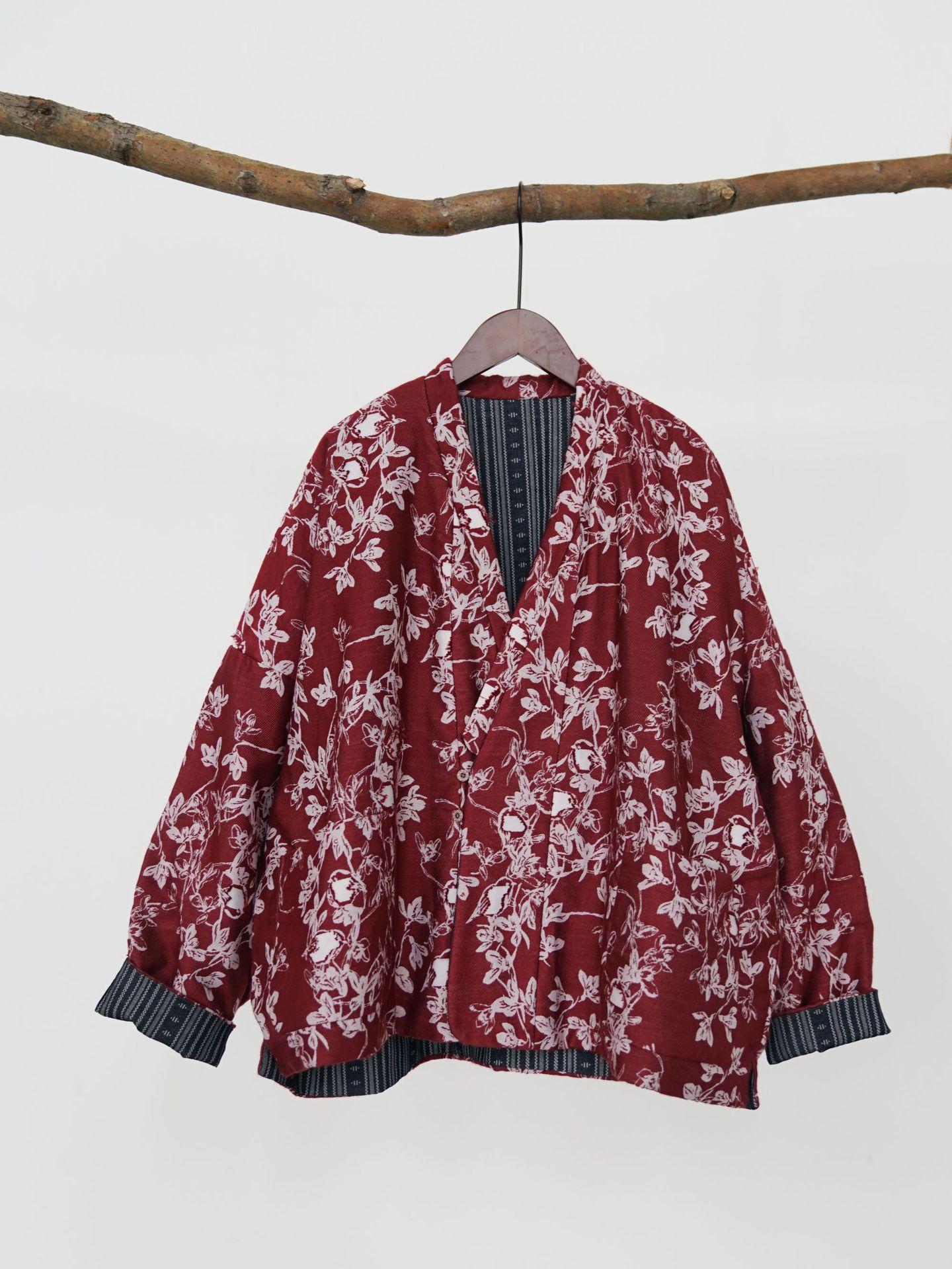 

Johnature Women Vintage Print Floral Stand Long Sleeve Coats Spring Chinese Style Red Loose Warm Jacquard Coats One Size