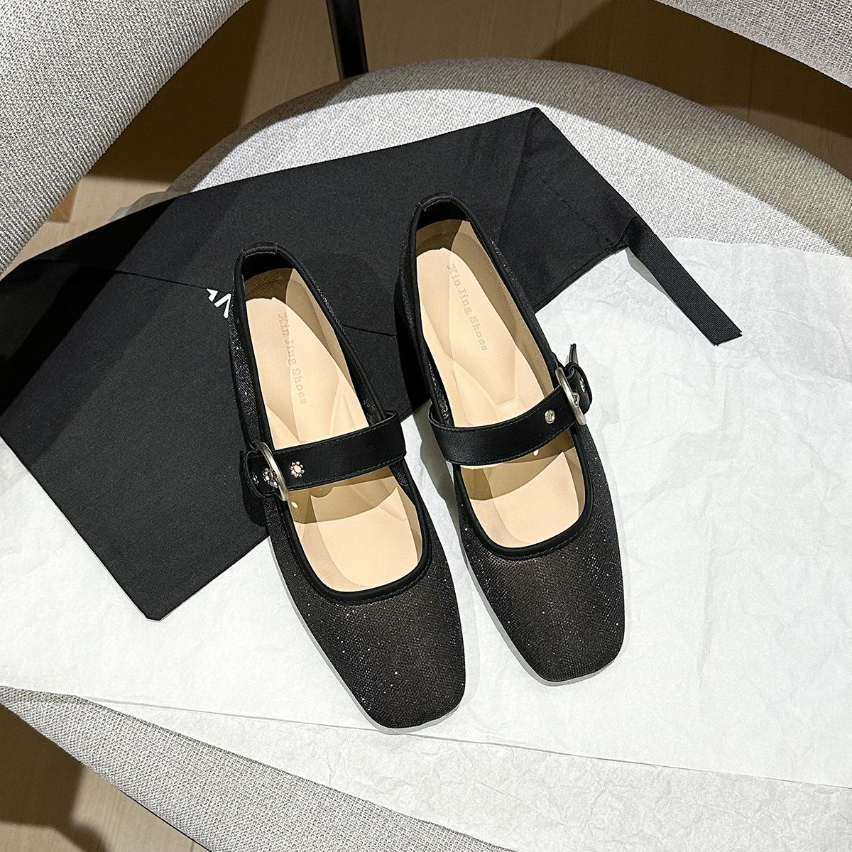 

796-12 Французская пряжка ремня туфли на среднем каблуке женские весенние с пайетками сетчатые с внутренней танкеткой туфли Мэри Джейн 35 чёрный