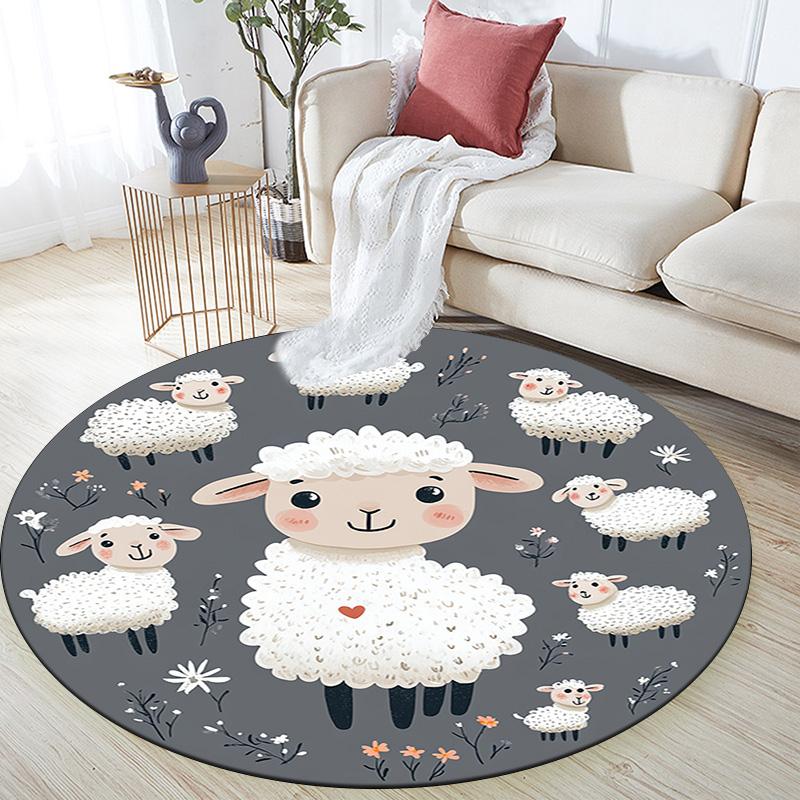Cute Sheep Round Area Rug,Carpet Rug for Living Room Bedroom Sofa Playroom Decor,Non-slip Floor Mat