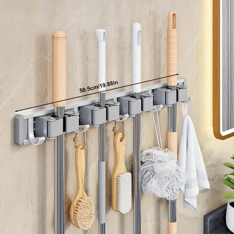Bathroom Storage Rack Metal Mop & Broom Holder with Adjustable Hooks, Wall-Mounted Storage Organizer for Home, Space-Saving Shelf for Mops, Brooms