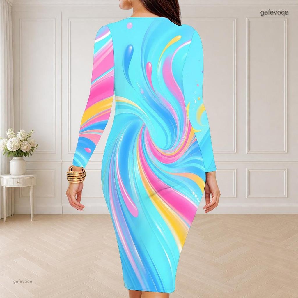 Women Plus Size Round Neck Long Sleeve Colorful Printed Bodycon Midi Dress