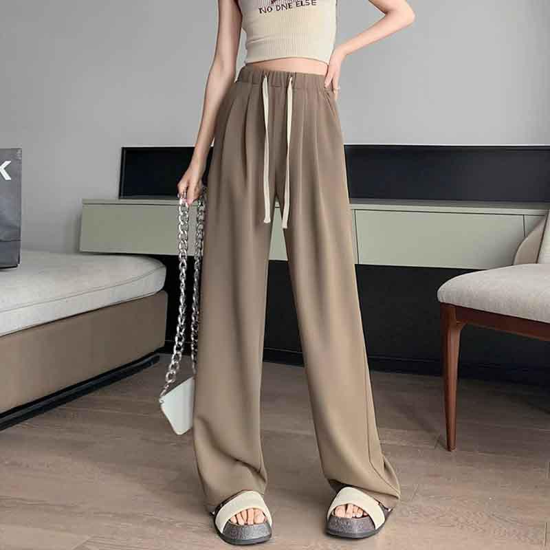 Summer 2024 Women's High Waist Versatile Wide-Leg Suit Pants with Drawstring, Size 145 Slimming