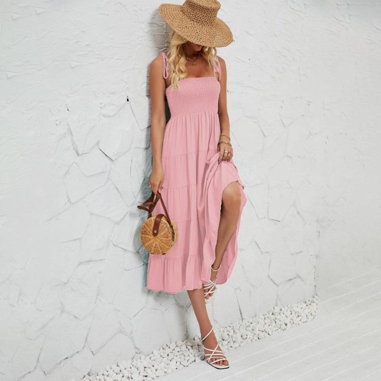 Halter Women Solid Color Summer Sleeveless Dress Knee Length Elegant Casual Pleated Square Neck