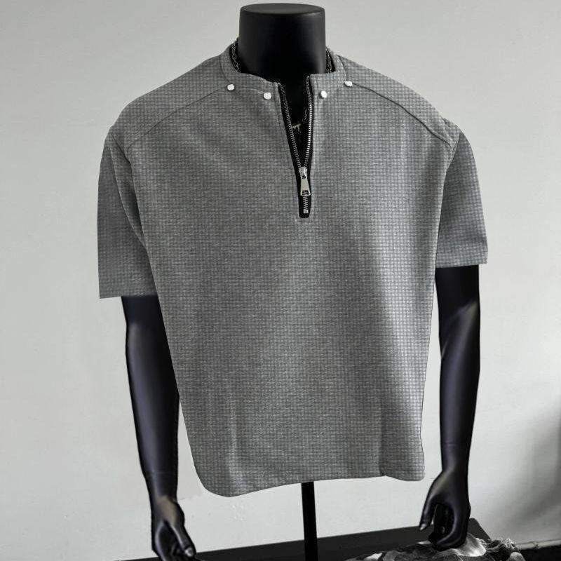 Summer Retro Rivet Half-Zip Short Sleeve Men's Clean Fit High-End  Swagger Trendy Brand T-Shirt Top