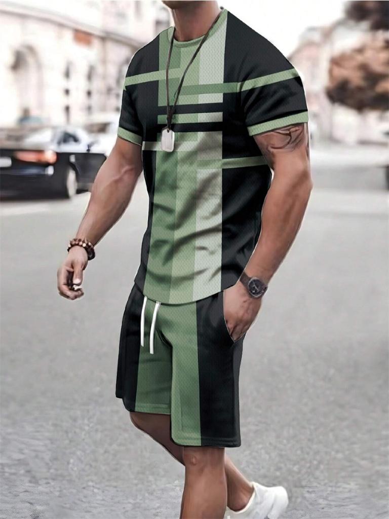Men's Summer Two-piece Set 3d Print Patchwork Color Street T-shirt Casual Outdoor Sports Short-sleeved Rope Shorts Men's Clothing