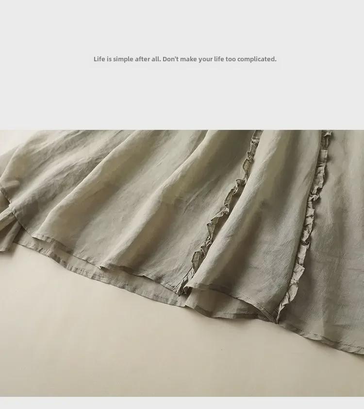 Jupe trapèze taille haute tendance en coton et lin: Mi-long avec bords volantés pour une coupe drapée et amincissante.