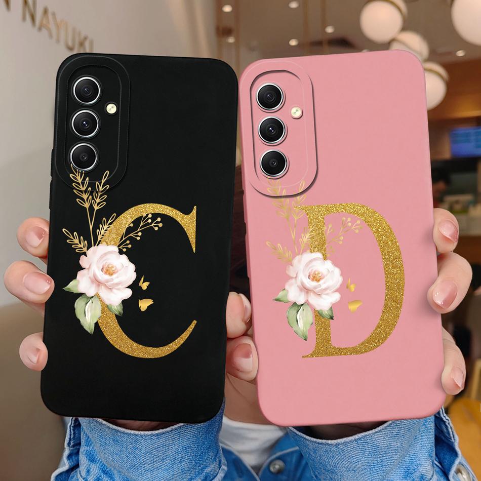 Phone Case For Samsung Galaxy A34 A33 A32 Elegant Rose Letter Soft Liquid Silicone Sqare Back Cover For Samsung A 34 33 32 Shell