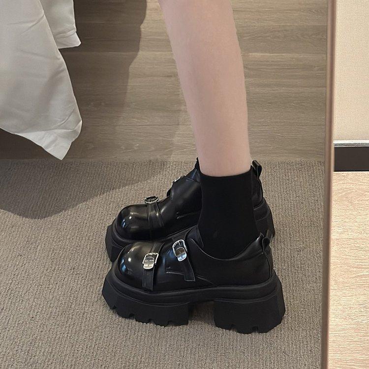 Amano leather thick-soled Amiu double buckle with round head British style single thick-soled loafer small leather shoes single shoes women