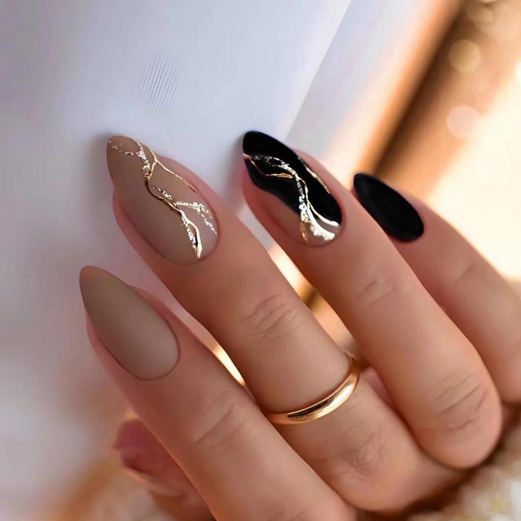 Rose Gold Almond Nail Art Stickers - Solid Color Fake Nails
