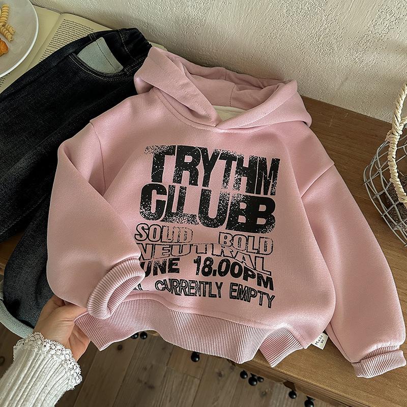 Boys' Pink Letter Hoodie - 2025 Winter Korean Style Trendy Velvet Sweatshirt for Kids