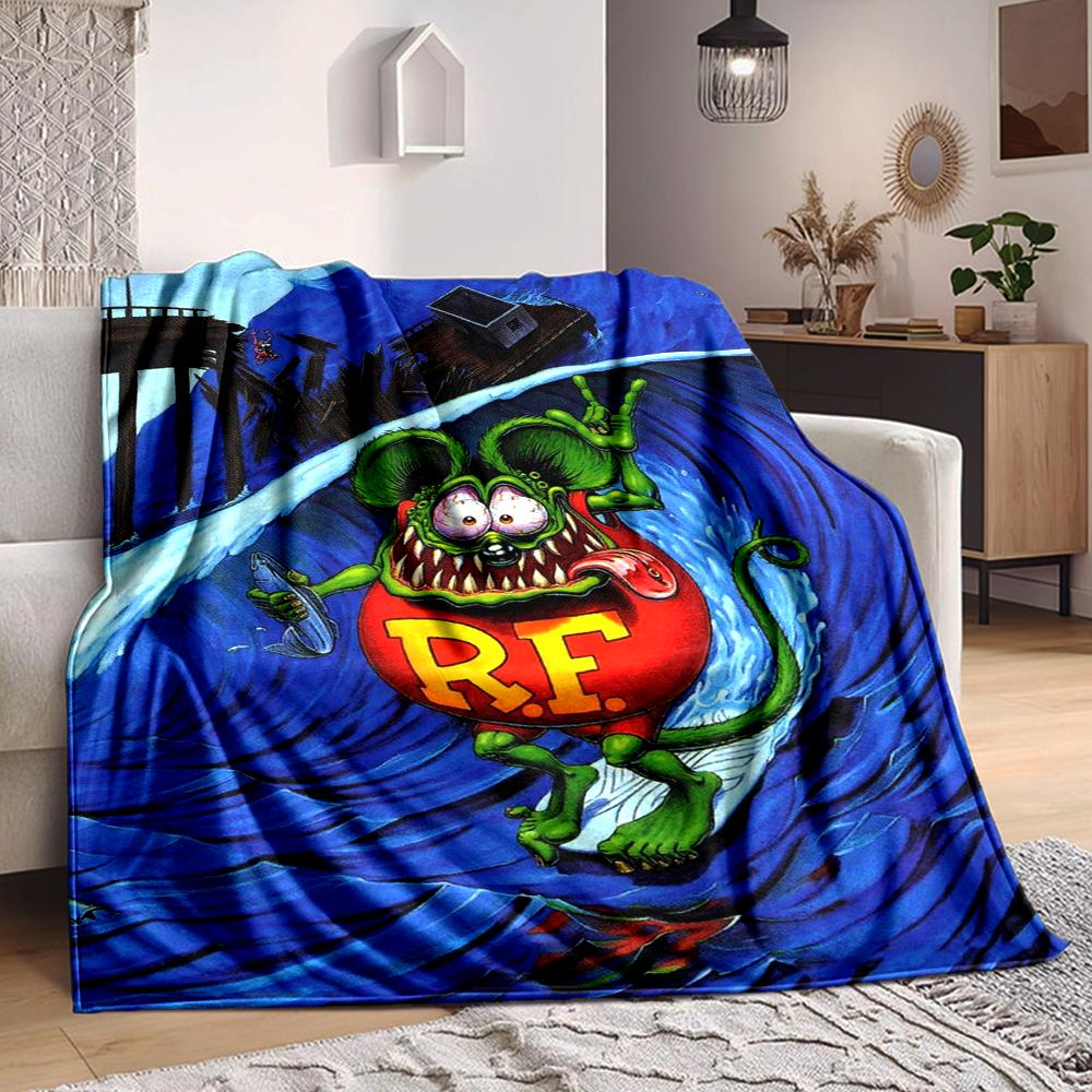 1Pc Rat Fink Wave Flannel Blanket, Soft And Comfortable, Casual Warm, Camping Travel, Christmas, Halloween Xmas Gift L1199
