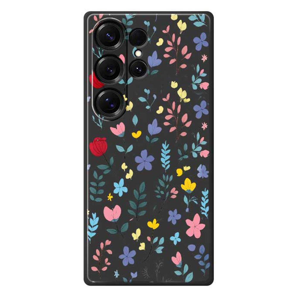 

For Samsung Galaxy S25 Ultra Case Colorful Flower Branches Pattern Printing Straight Edge TPU Phone Back Cover Black