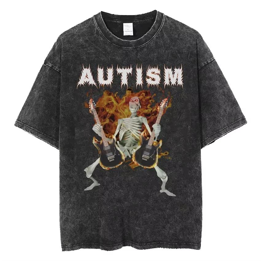 2025 Autism Skeleton Meme T Shirt Human Funny Skull Men Women Harajuku Gothic Vintage Washed T Shirts Oversized Casual Cotton