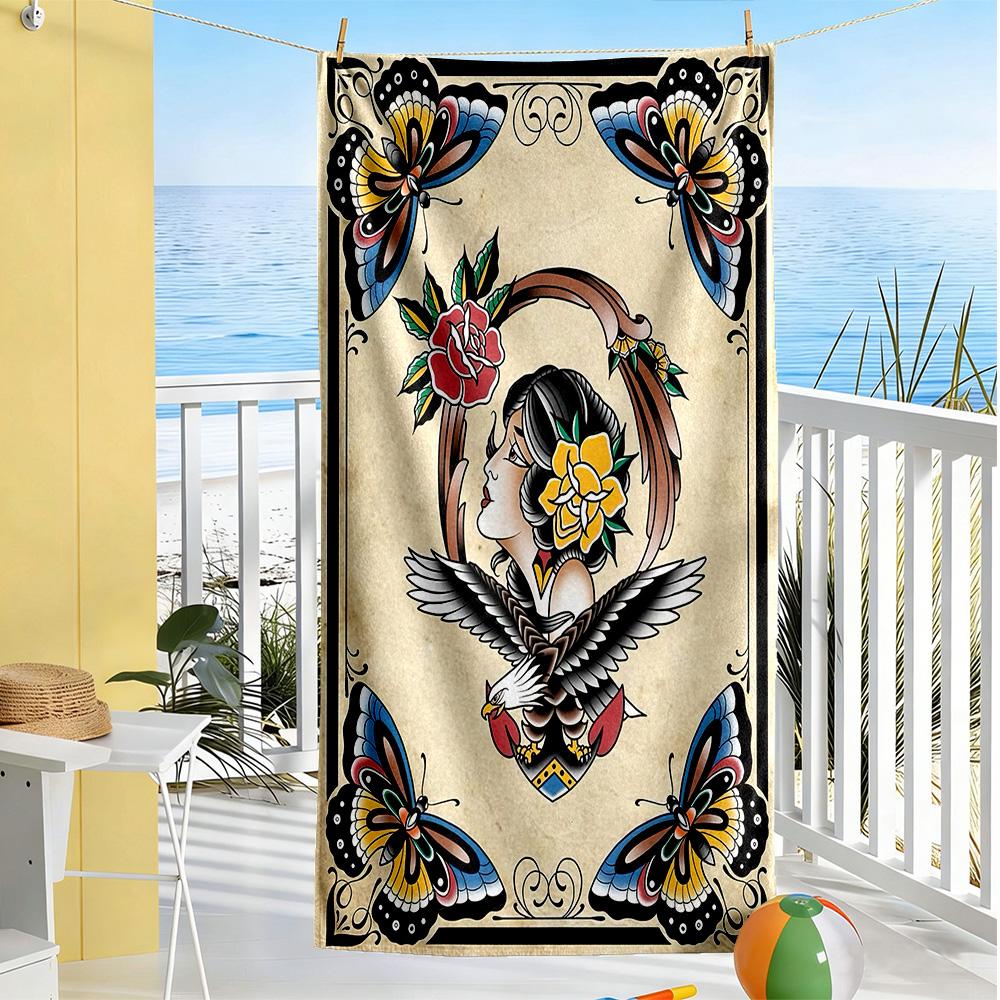 Tattoo Style Beach Towel Quick-Dry Soft Microfiber Comfortable Lightweight Suitable for Sports, Travel, Swimming, Yoga, Bathroom, Beach, And Pool