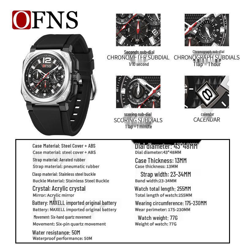 OFNS Men's Classic Square Chronograph Watch: Multifunctional Sports Fashion with Single Calendar, Six-Needle Quartz Movement.