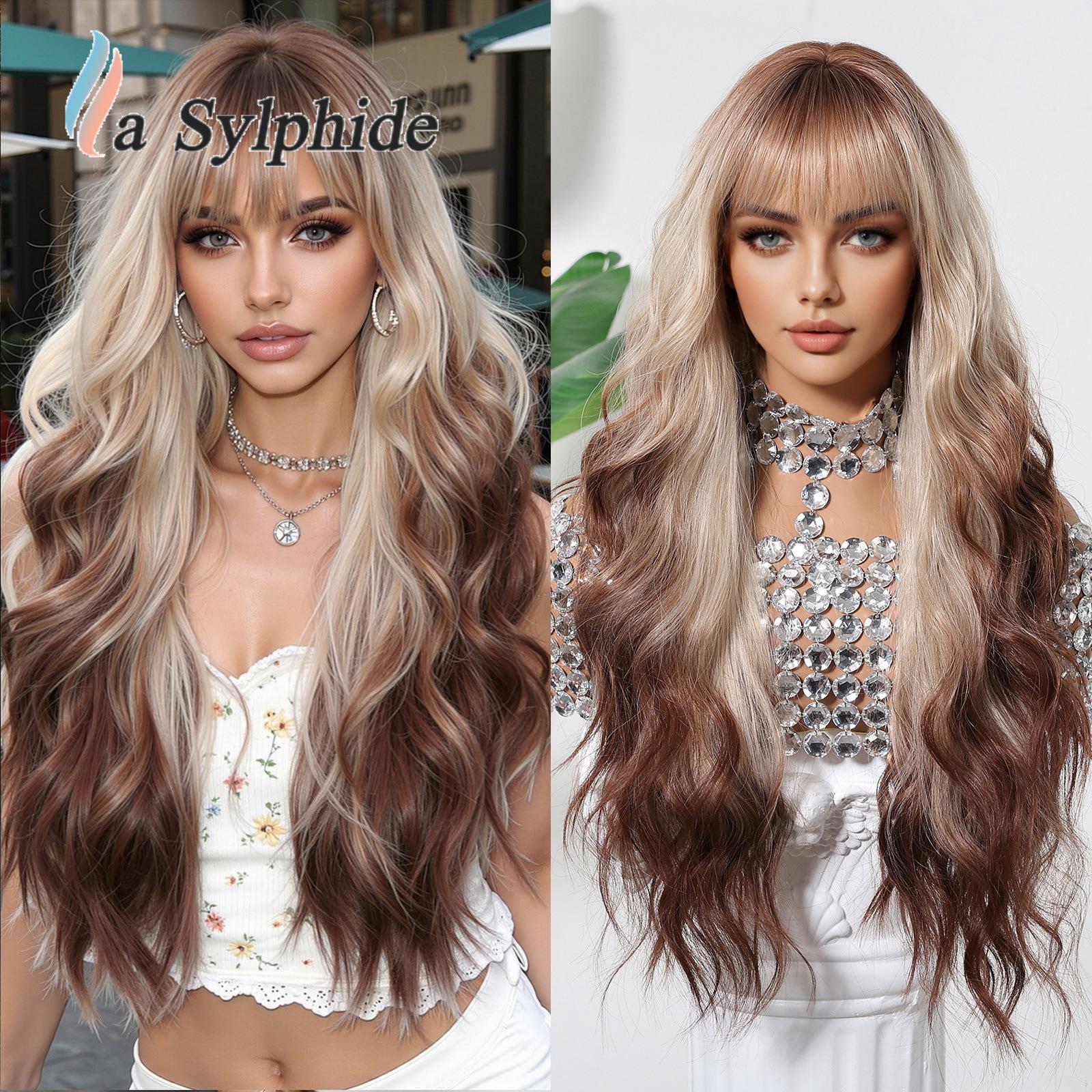 

Women s Gradient Brown Long Curly Wig with Bangs, Rose Net.