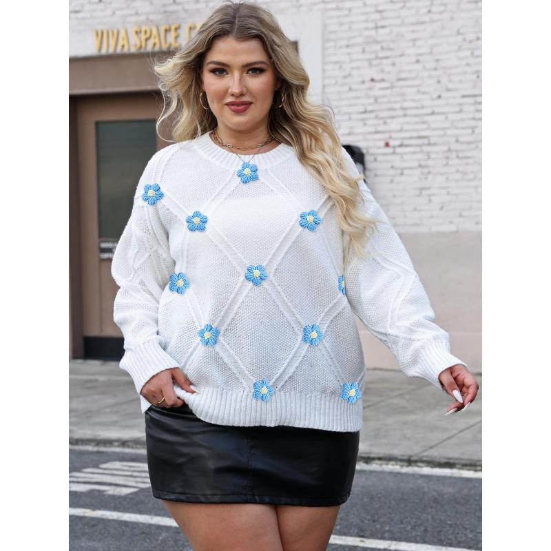 

Женские топы больших размеров, стеганый узор, 3D ручная вязка, пэчворк, свободный повседневный пуловер 3XL белый