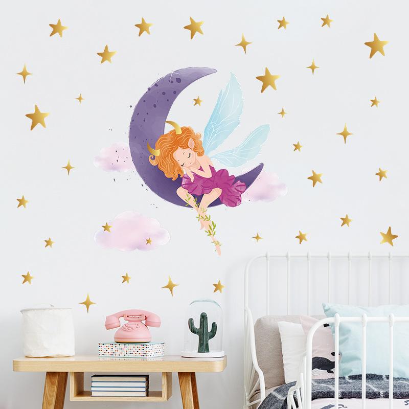 Goodnight Moon Girl with Stars and Clouds Wall Sticker Self-Adhesive Removable for Kids Room Nursery Home Decor