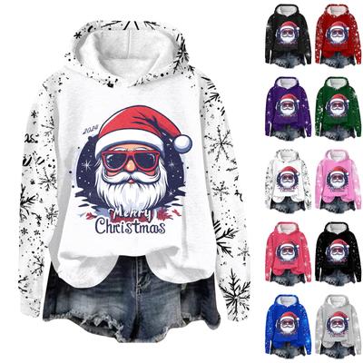 Women's Fashion Casual Pullover Plug Sleeve Christmas Printed Hooded Sweatshirt