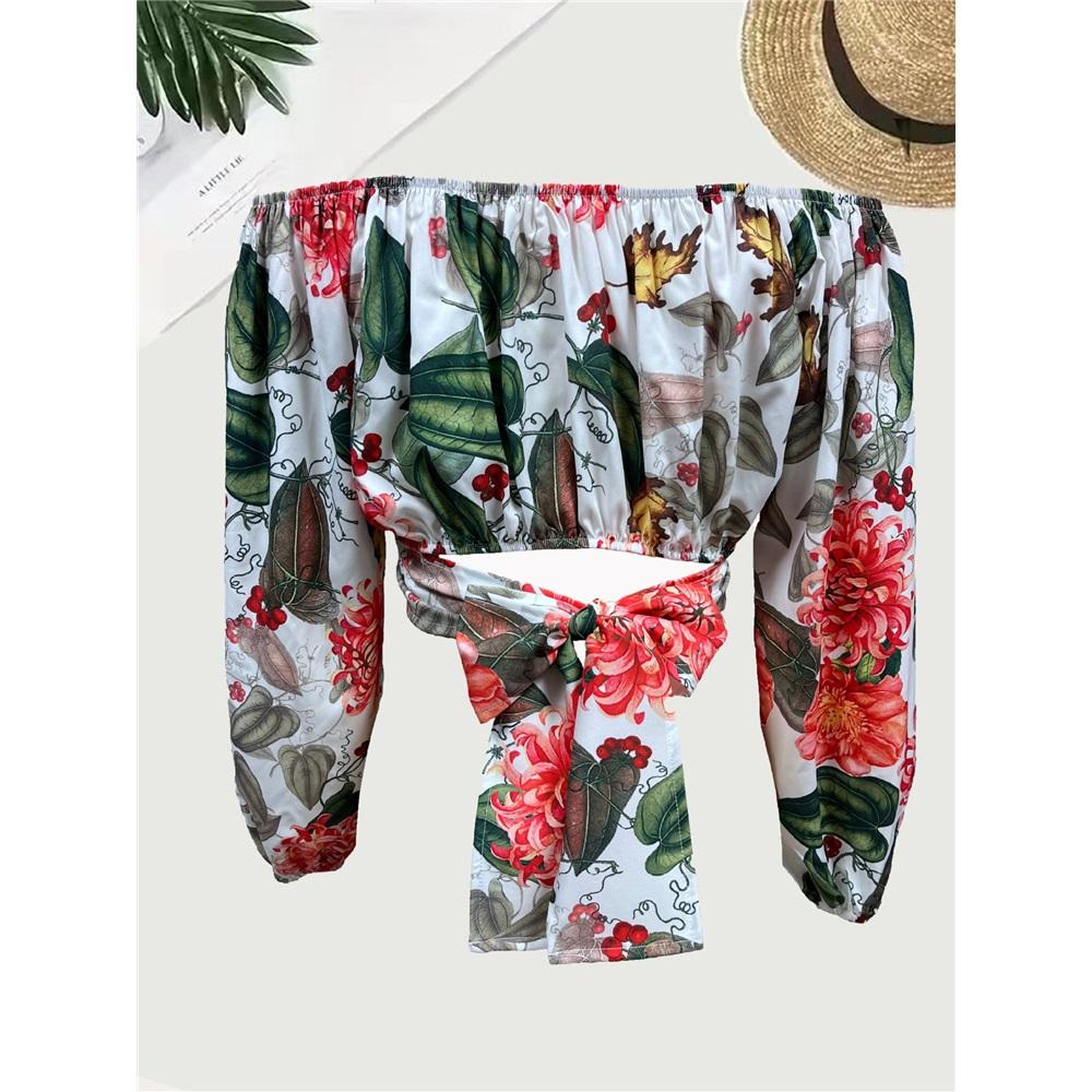 Women's long sleeves off-shoulder one-length neck lantern sleeve printed shirt