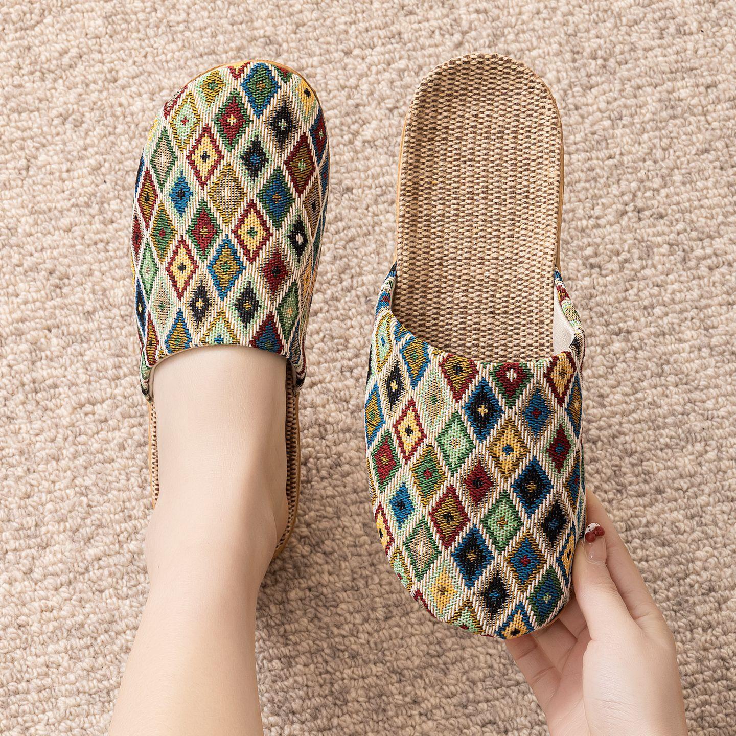 Linen slippers summer couple indoor soft bottom silent non-slip home wooden floor thick bottom cool slippers sweat 35/36