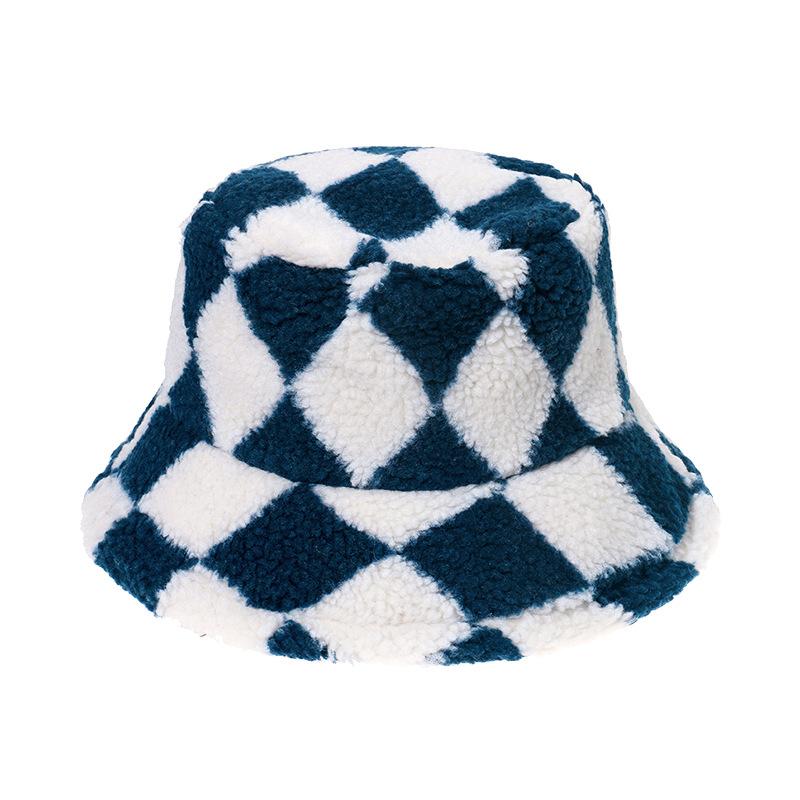 Spot 2025 autumn and winter Europe and America new warm geometric rhombus lattice bucket hat lamb wool pot hat foreign trade