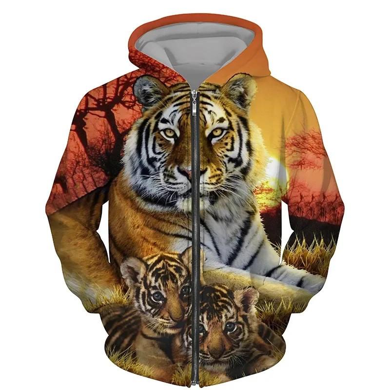 Tiger 3D Print Zip-Up Hoodie Youth Casual Loose Fit Winter Sweatshirt