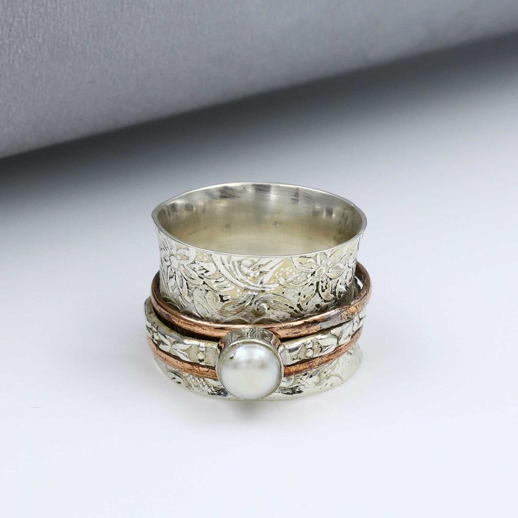 Inel din Argint Sterling 925, Inel cu Piatră Prețioasă Perlă Albă, Inel Bicolor, Inel Boem, Inel de Designer, Bijuterii din Argint