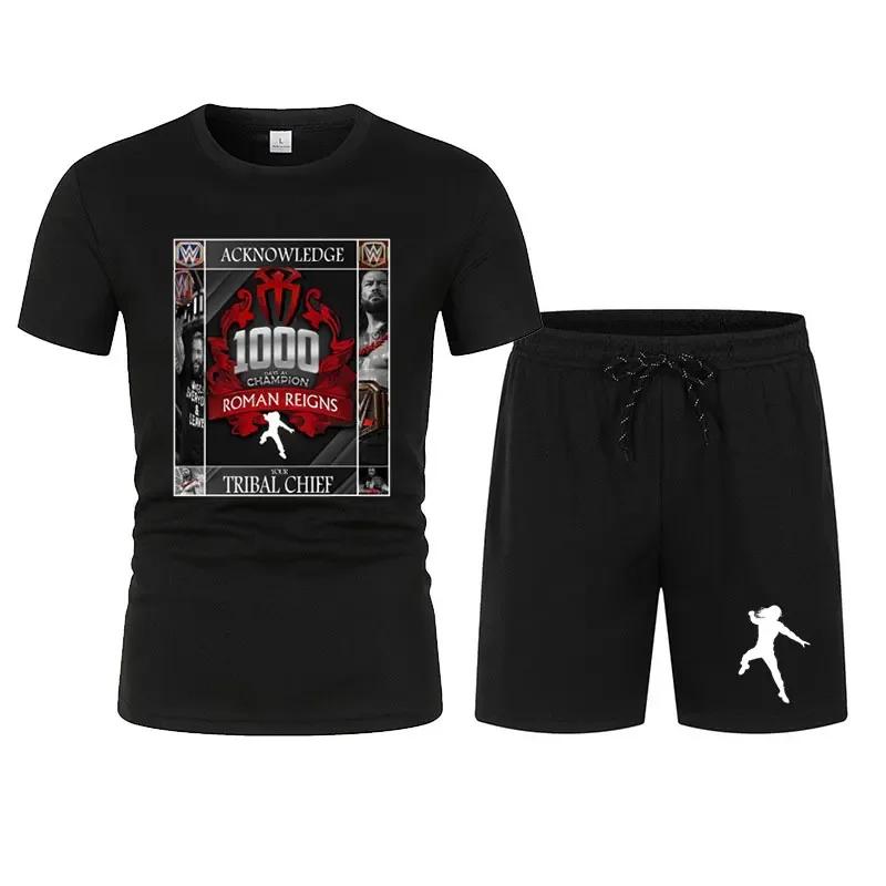 New Movement Heren Zwart Roman Reigns Levels Above T-shirt Shorts Set Zomer Korte Mouw Man Oversized Pakken Nieuwe Mode Kledingsets M