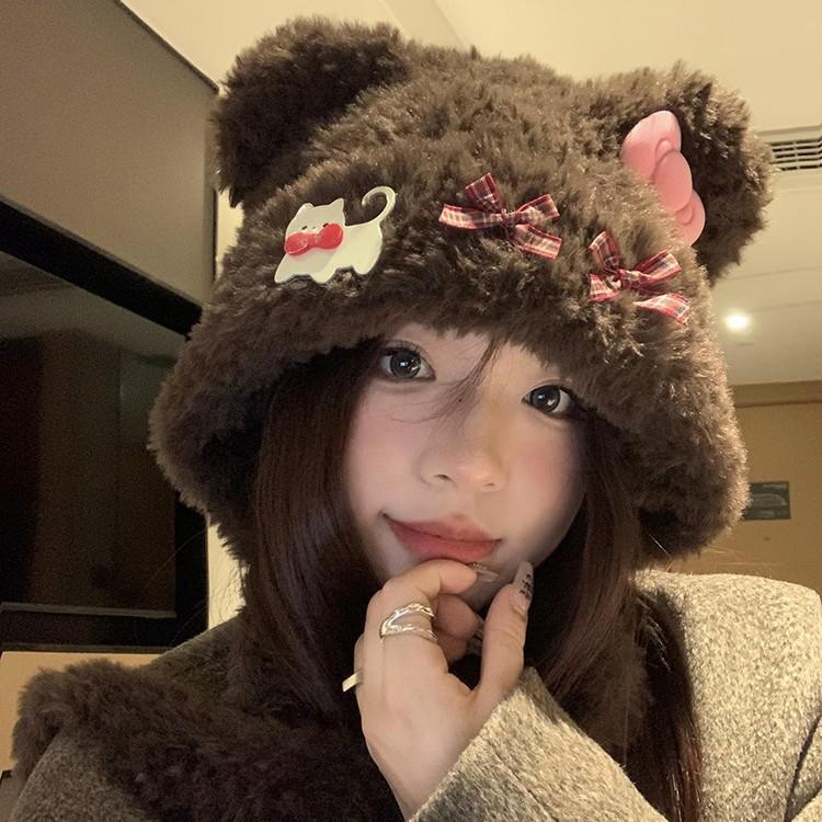 Cute bear ears cat bow plush hat female thickened warm face small hat Lei Feng hat