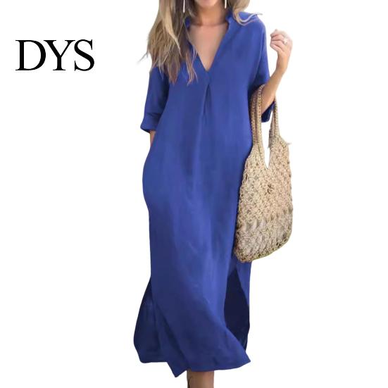 Lightweight Women Dress Summer Deep V Neck Three Quarter Sleeves Ankle Length Solid Color Thin Loose Side Slit A-line Casual Daily Vacation Beach Maxi