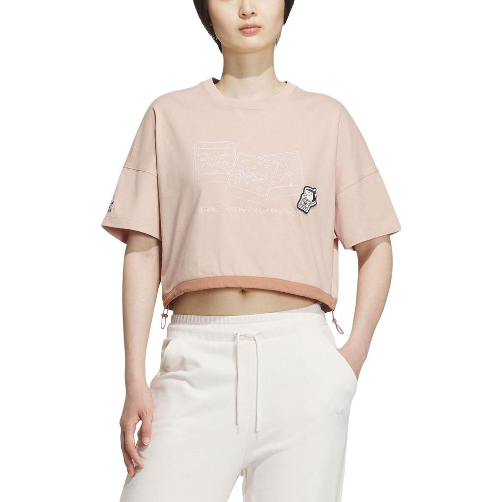Adidas Yu Nagaba x  Originals Clover SS23 Co-Branded Collection Logo Print Drawstring Cropped Loose Crew Neck T-Shirt Women Tops Pearl-Ash-Grey IS0650