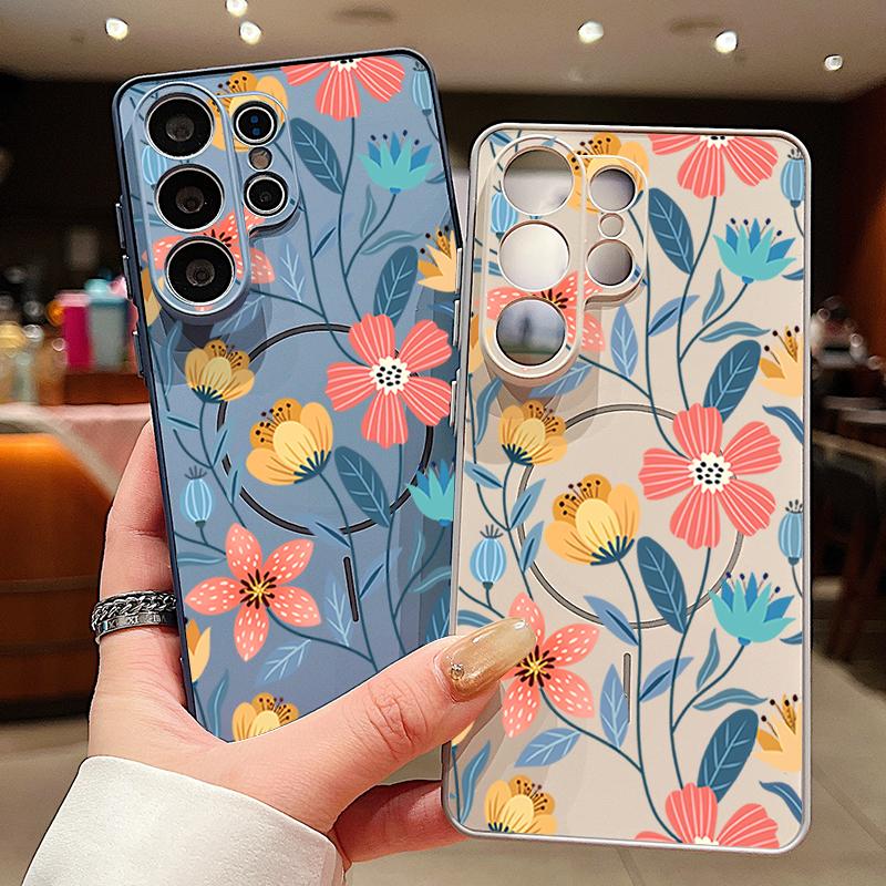 Cartoon Flowers Pattern Case For Samsung Galaxy S26 Ultra S25 Edge S24 Plus S23 FE S22 A54 A55 A56 5G Magnetic For Magsafe Matte Cover